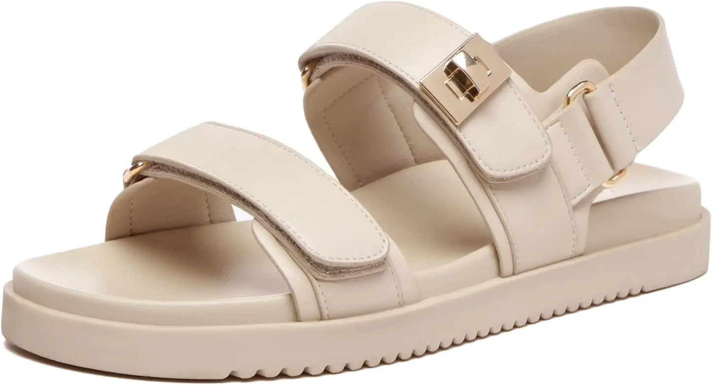 Women's Flat Sandals Comfort Adjustable Double Strap Slip on Leather Footbed Sandals - The Kings Lots