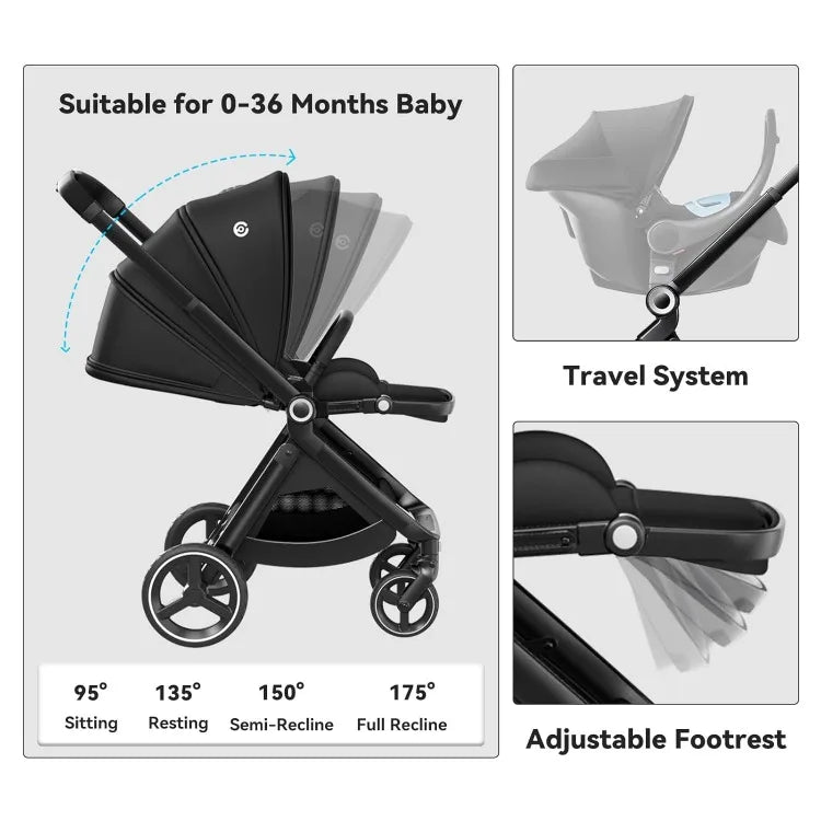 Reversible Baby Stroller, Full-Size Toddler Stroller, Full Recline Cockpit Compact Stroller, 0-36 Months Newborn Infant Stroller