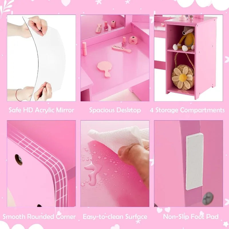 Kids 2-in-1 Princess Makeup Desk & Chair with Detachable Mirror, Shelves, Pretend Play Dressing Table for Girls (Pink) - The Kings Lots