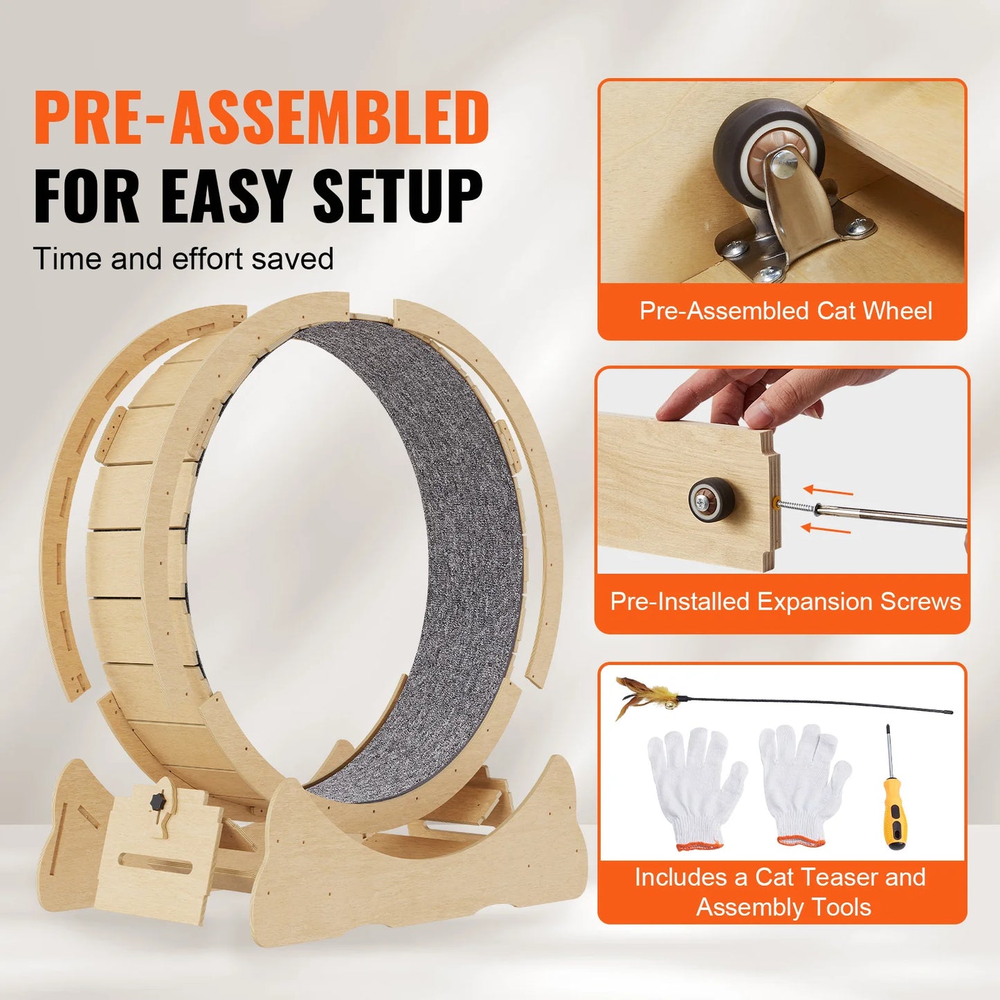 VEVOR Cat Exercise Wheel Natural Wood Silent Running Toy Treadmill Roller Wheel with Detachable Carpet for Most Cats Pet Fitness - The Kings Lots
