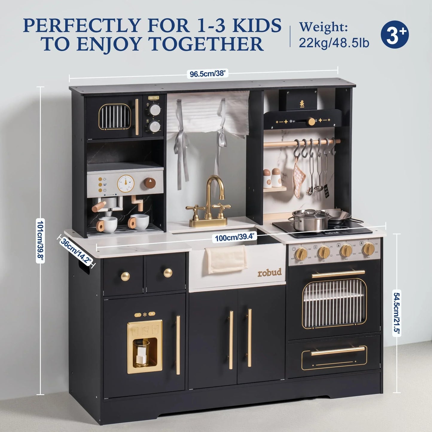 Robud Wooden Play Kitchen Toy Set with Ice Maker and Coffee Machine Realistic Kitchen Gift for Girls and Boys Ages 3 and Up