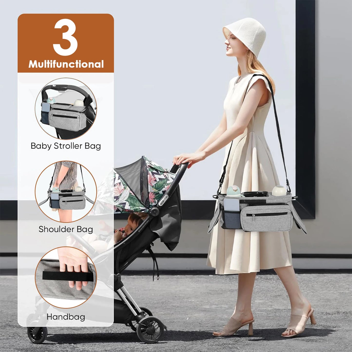 5PCS/1PCS Stroller Organizer with Insulated Cup Holder Detachable Phone Bag Shoulder Strap for Uppababy Baby Jogger Britax BOB