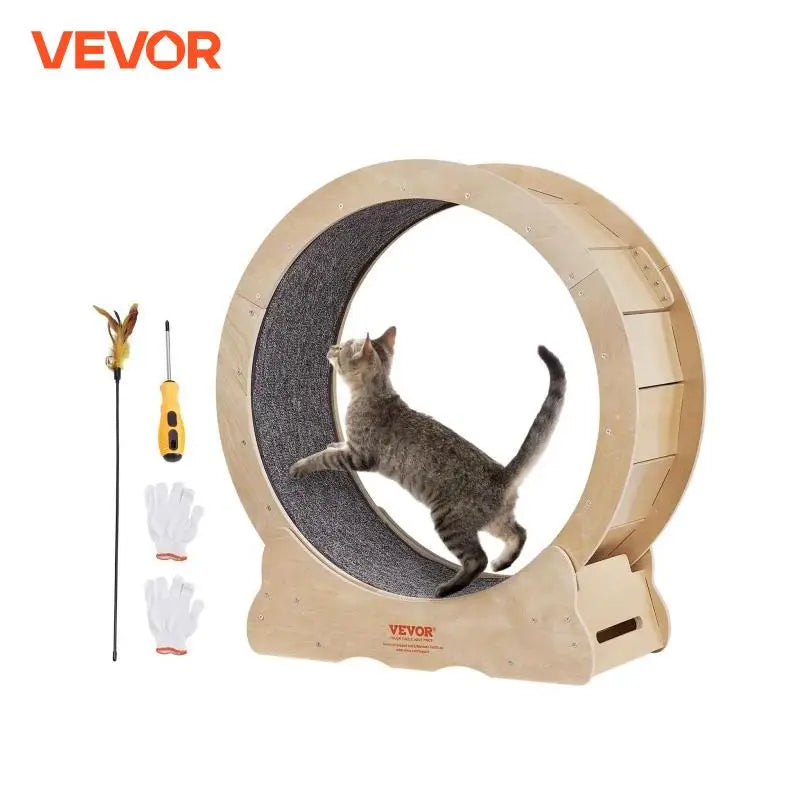 VEVOR Cat Exercise Wheel Natural Wood Silent Running Toy Treadmill Roller Wheel with Detachable Carpet for Most Cats Pet Fitness - The Kings Lots