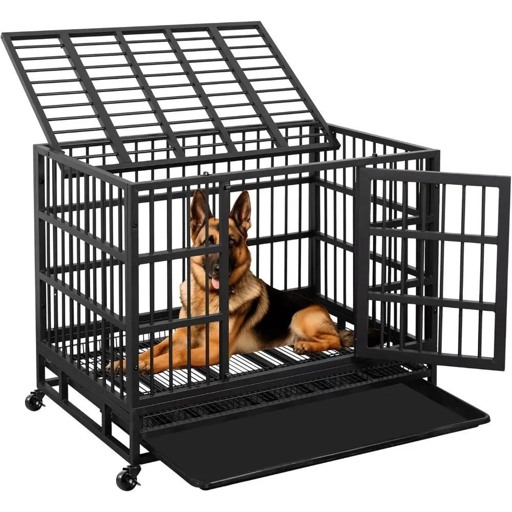 Heavy Duty Dog Crate Double Doors Escape Proof Cage Kennel