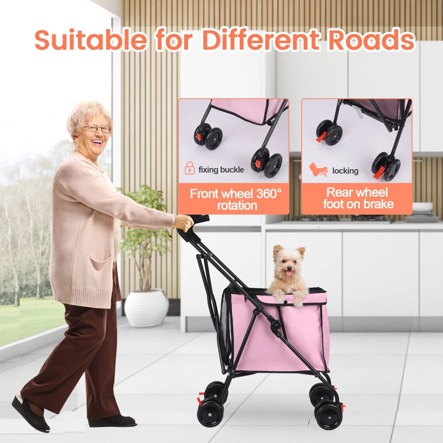 33lbs 4 Wheels Dog Stroller Rotate Pink Pet Puppy Stroller