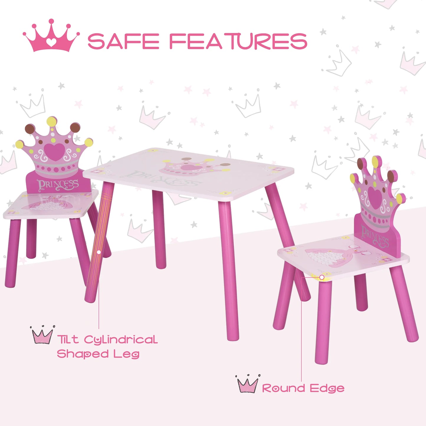 Triple Piece Collection Children's Wood Table Seat with Crown Pattern - The Kings Lots