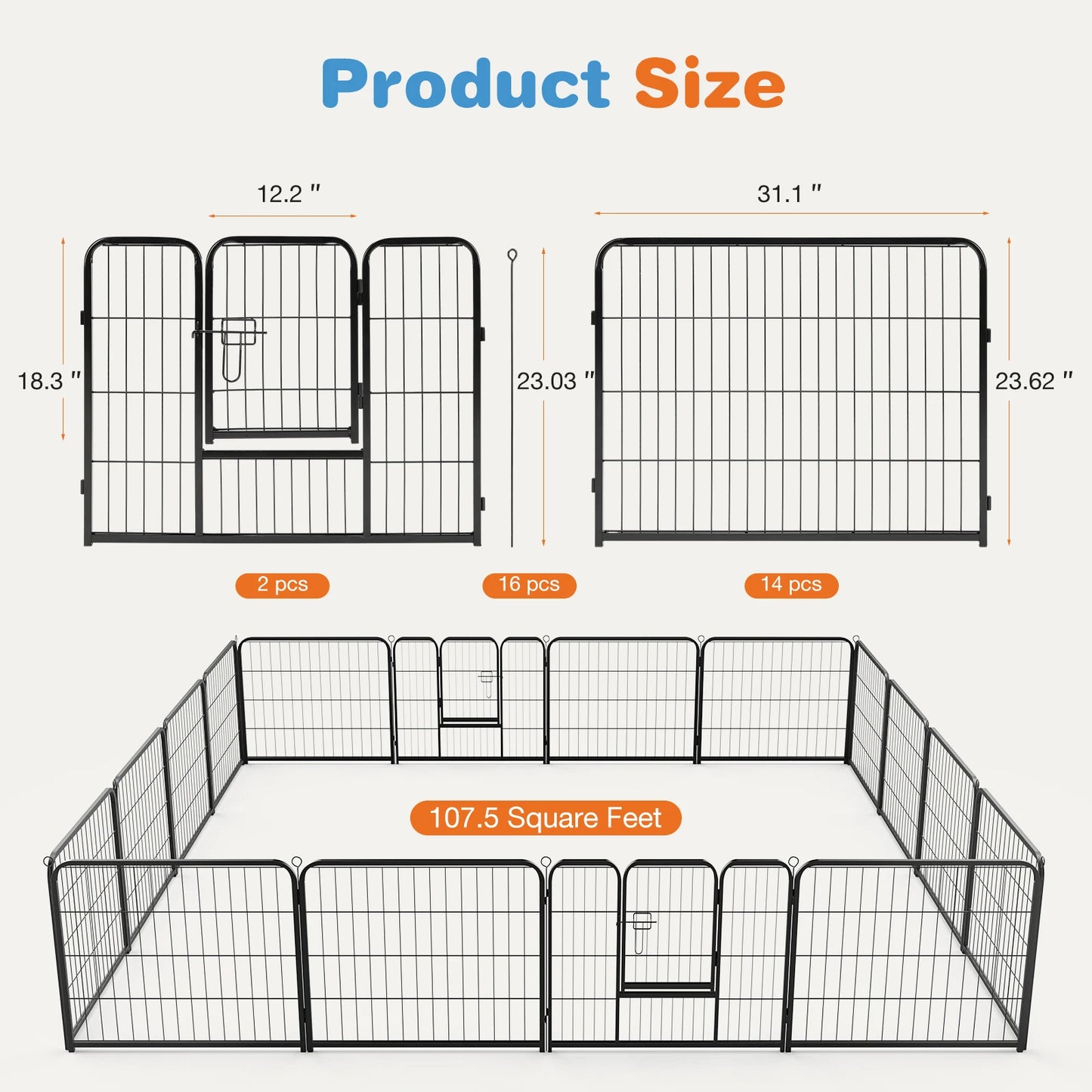 JHK 16 Panel Dog Playpen Indoor Pet Fence Heavy Duty Gate