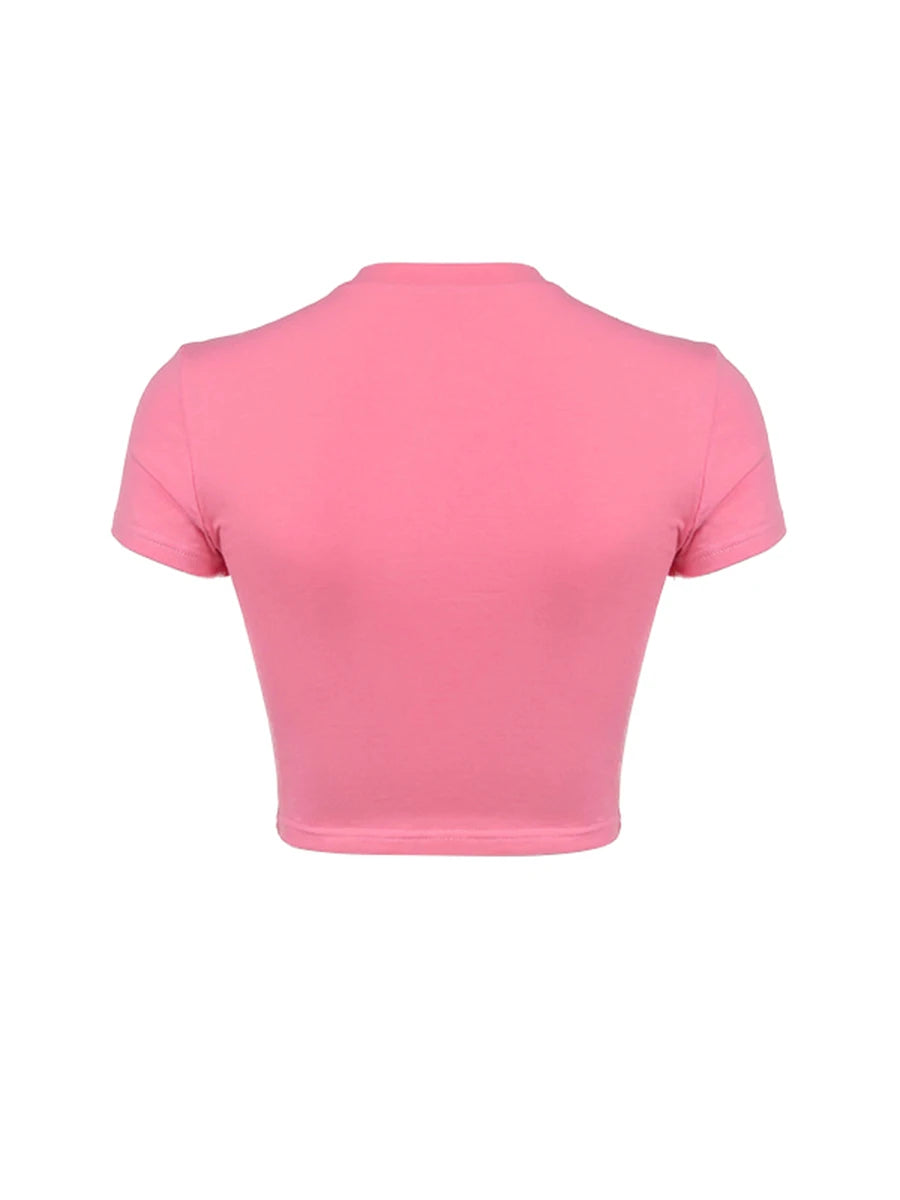 Women s Round Neck Cropped Tops Short Sleeve Letter Embroidery Fit Baby Tees Clubwear