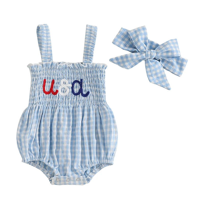 Cute Baby Girl 4th of July Set Red Plaid Romper Headband - The Kings Lots