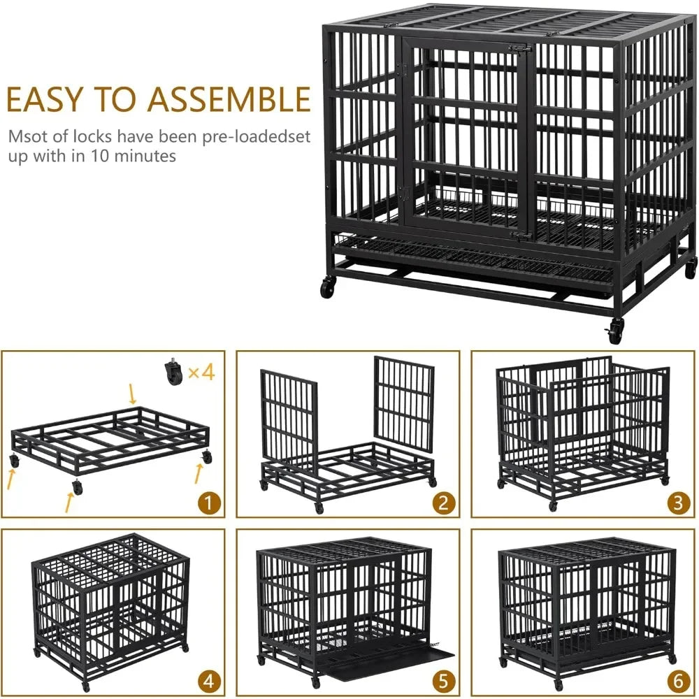 Heavy Duty Dog Crate Double Doors Escape Proof Cage Kennel