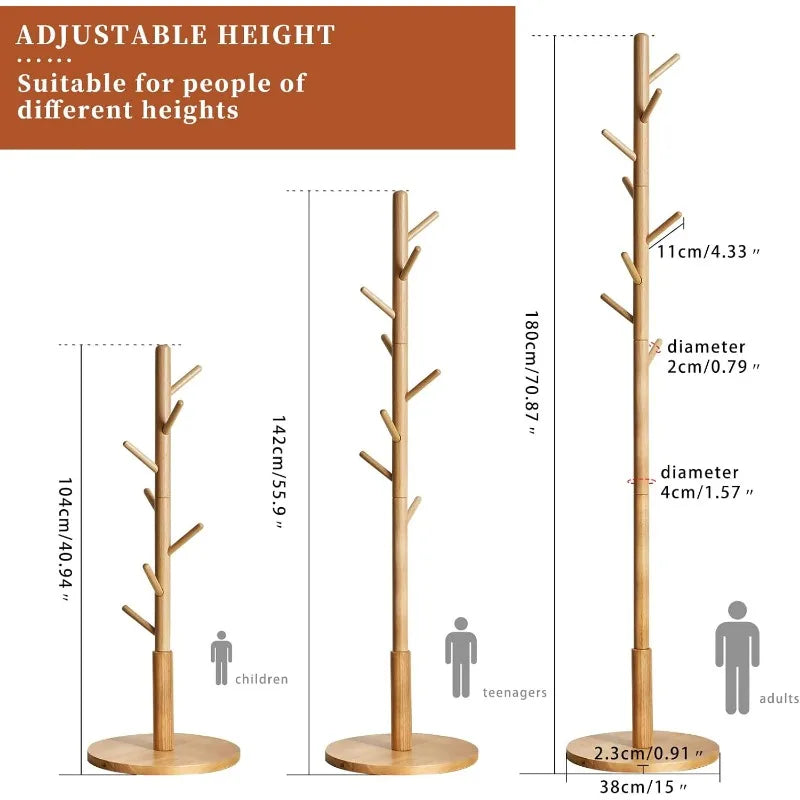 Wooden Coat Rack, Free Standing Coat Stand with 8 Hooks and 3 Height Options, Sturdy Kids Coat Tree Easy to Assemble - The Kings Lots