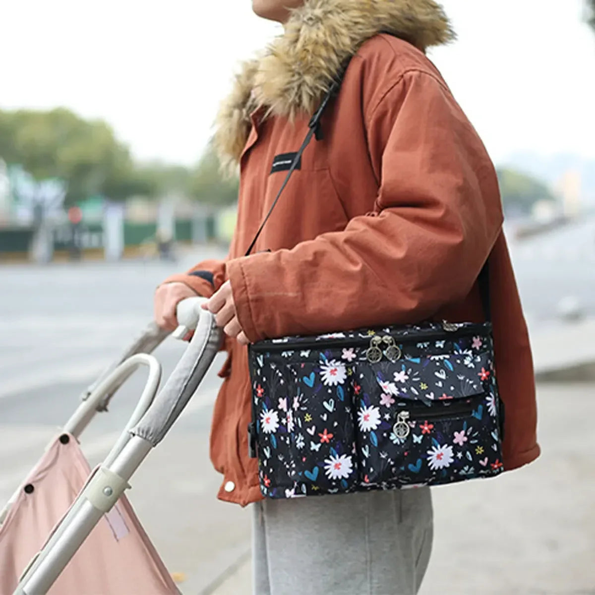 Stroller Organizer Large Capacity Baby Pram Buggy Storage Bag Multi Compartment Pushchair Organizer Mummy Shoulder Bag with