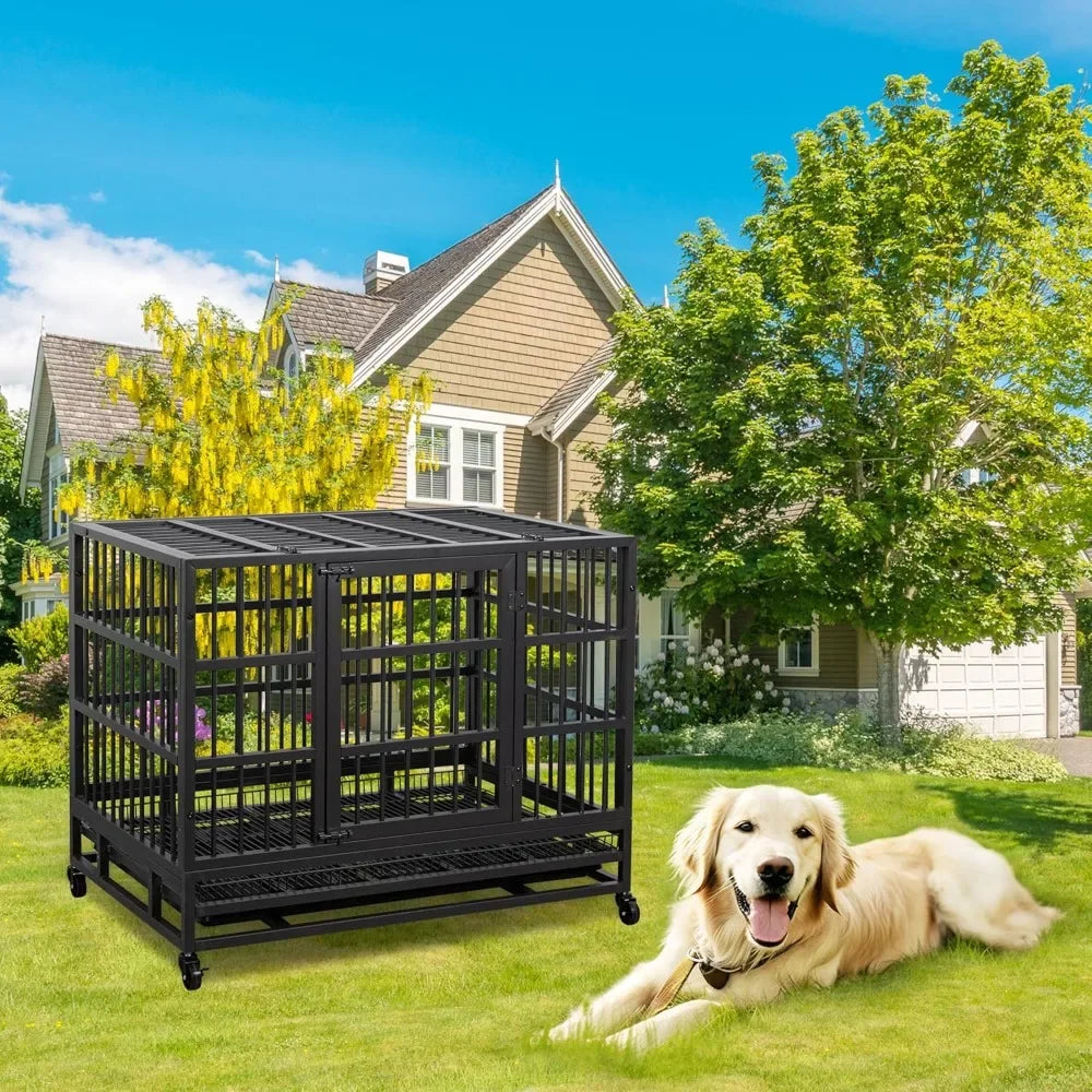 Heavy Duty Dog Crate Double Doors Escape Proof Cage Kennel