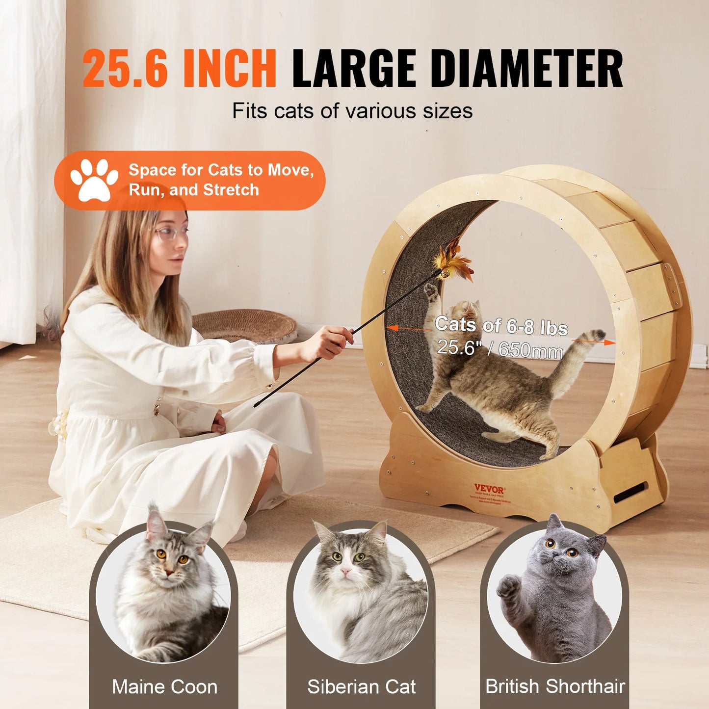 VEVOR Cat Exercise Wheel Natural Wood Silent Running Toy Treadmill Roller Wheel with Detachable Carpet for Most Cats Pet Fitness - The Kings Lots