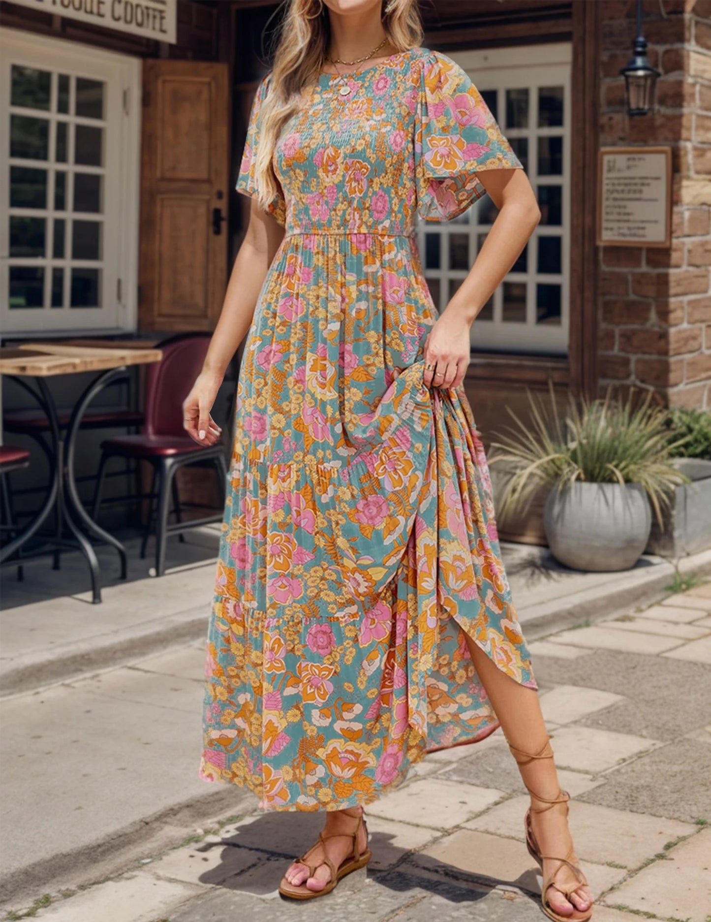 Casual Pastoral Style Floral Print Dress Long, Crewneck Short Sleeves High Waist Wide Ruffle Hem, Woman's Clothing - The Kings Lots