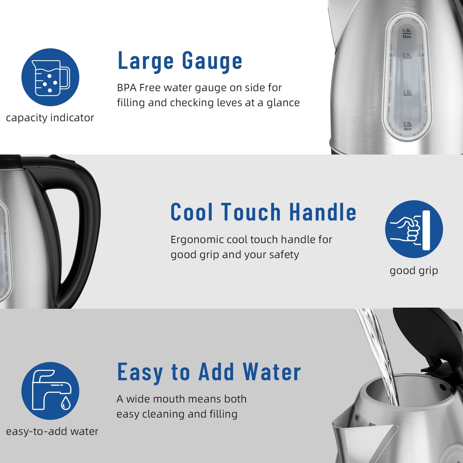 Stainless Steel Electric Kettle 1.8 Liter Fast Boil 1500W - The Kings Lots
