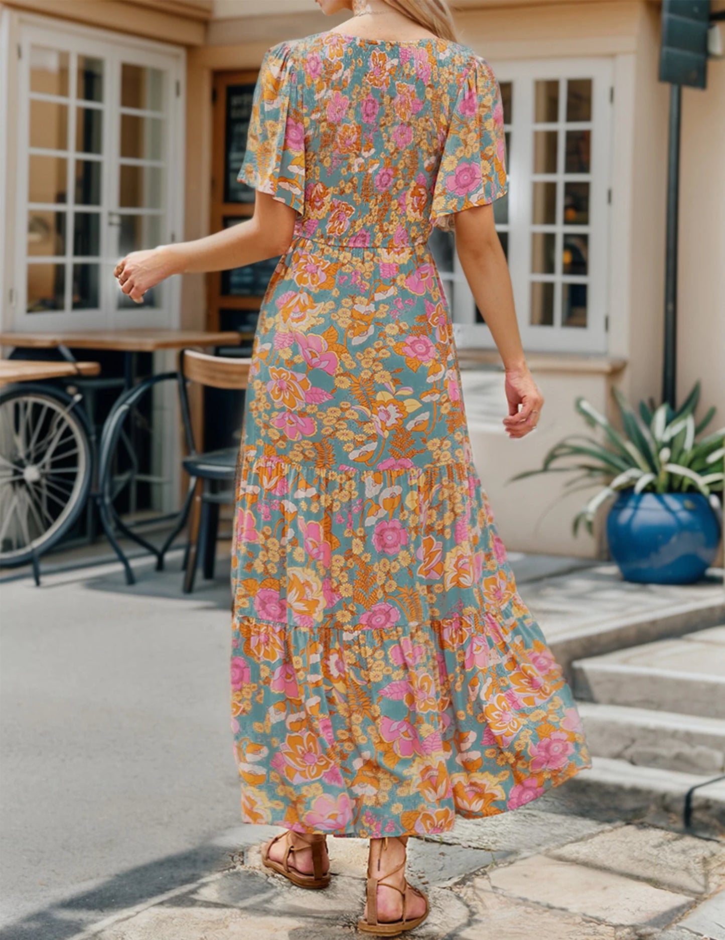 Casual Pastoral Style Floral Print Dress Long, Crewneck Short Sleeves High Waist Wide Ruffle Hem, Woman's Clothing - The Kings Lots