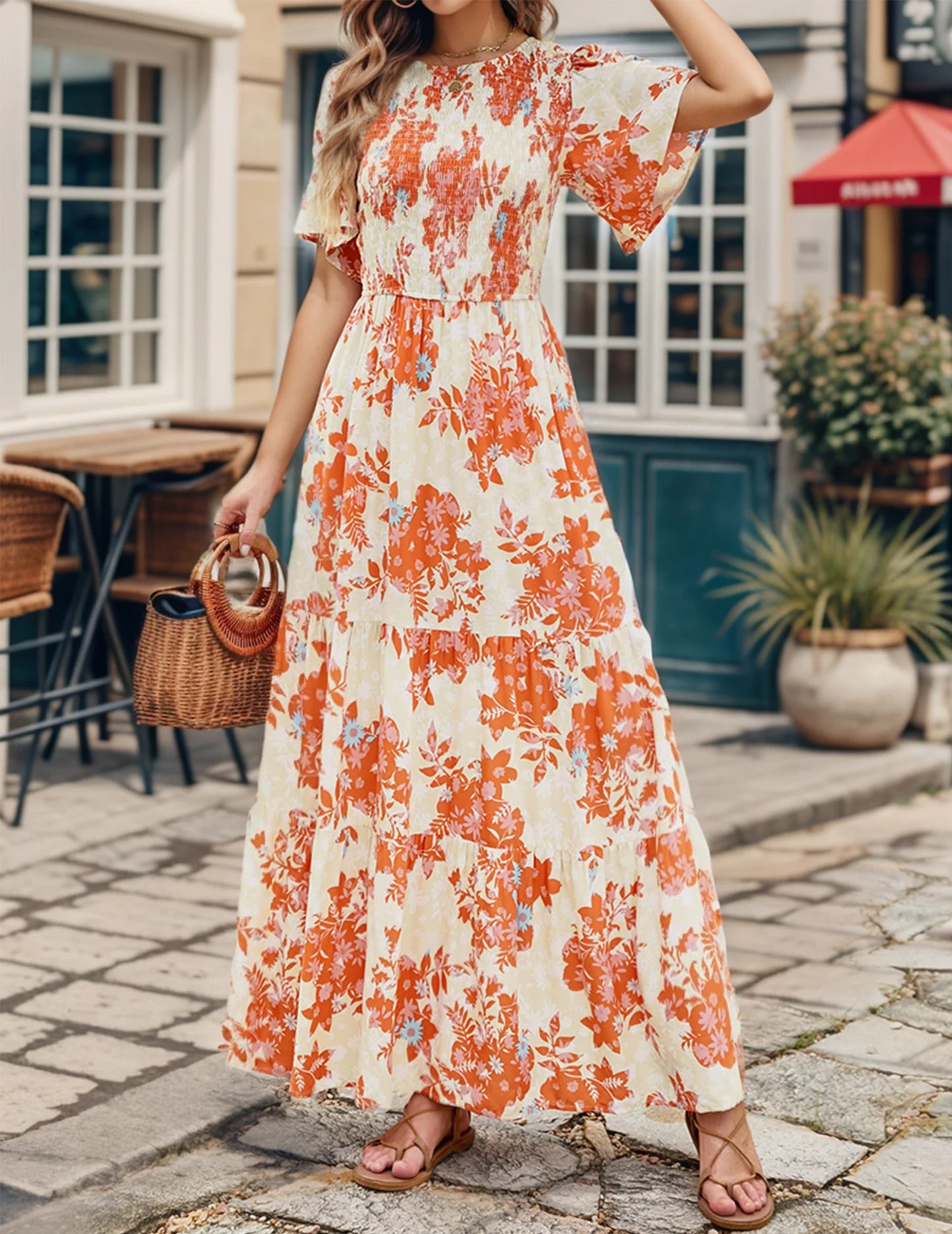 Casual Pastoral Style Floral Print Dress Long, Crewneck Short Sleeves High Waist Wide Ruffle Hem, Woman's Clothing - The Kings Lots