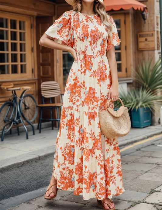 Casual Pastoral Style Floral Print Dress Long, Crewneck Short Sleeves High Waist Wide Ruffle Hem, Woman's Clothing - The Kings Lots