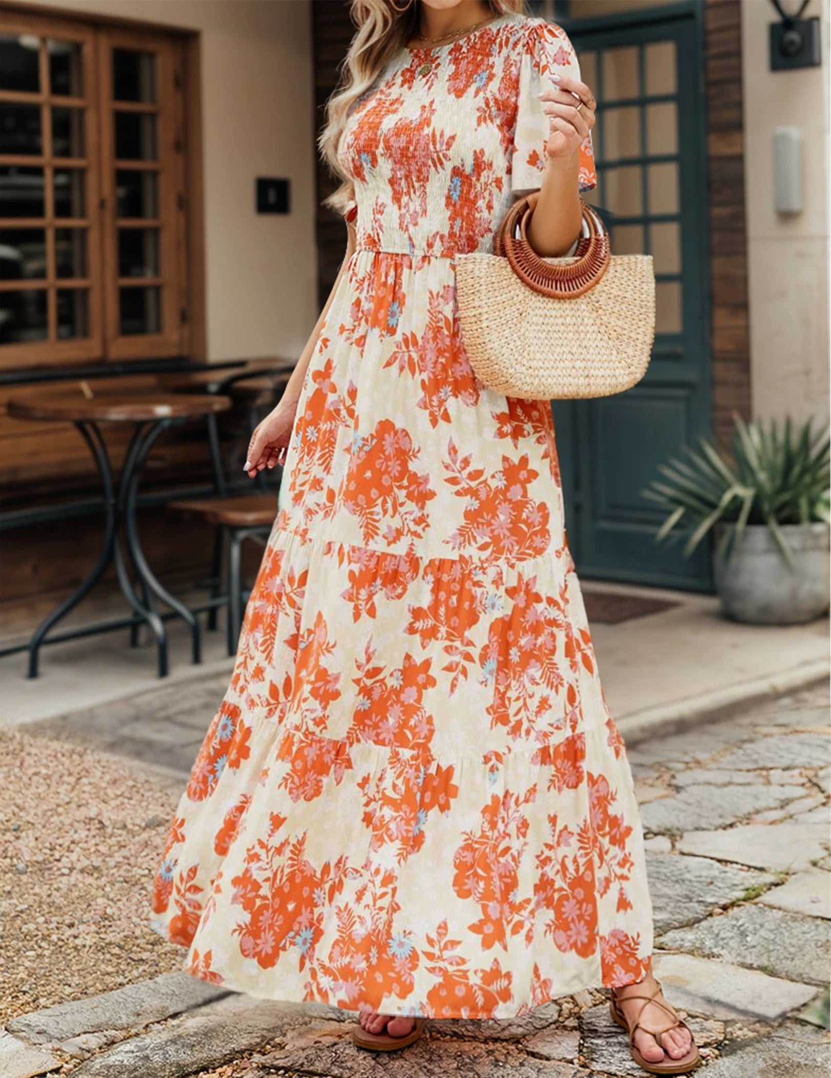 Casual Pastoral Style Floral Print Dress Long, Crewneck Short Sleeves High Waist Wide Ruffle Hem, Woman's Clothing - The Kings Lots