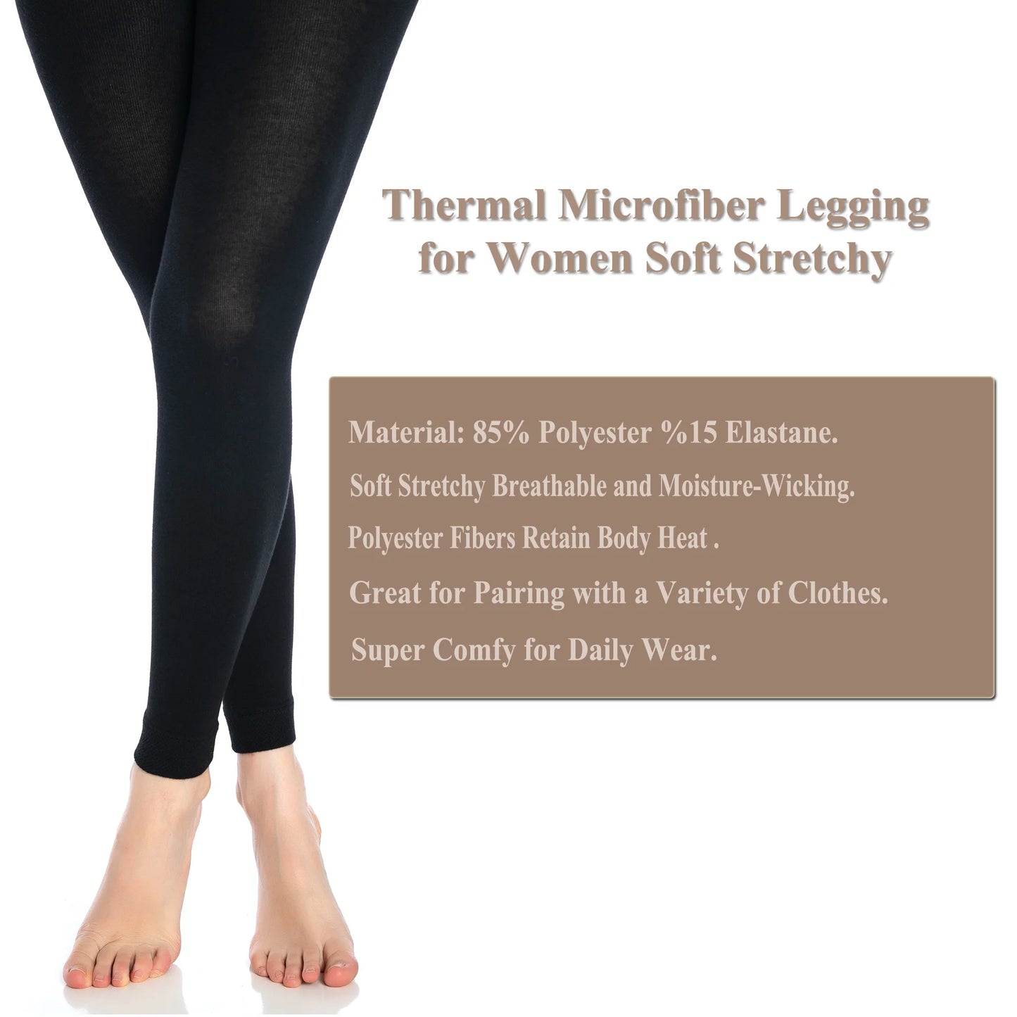 Black Thermal Leggings for Women Microfiber Soft Stretchy Full Leggings
