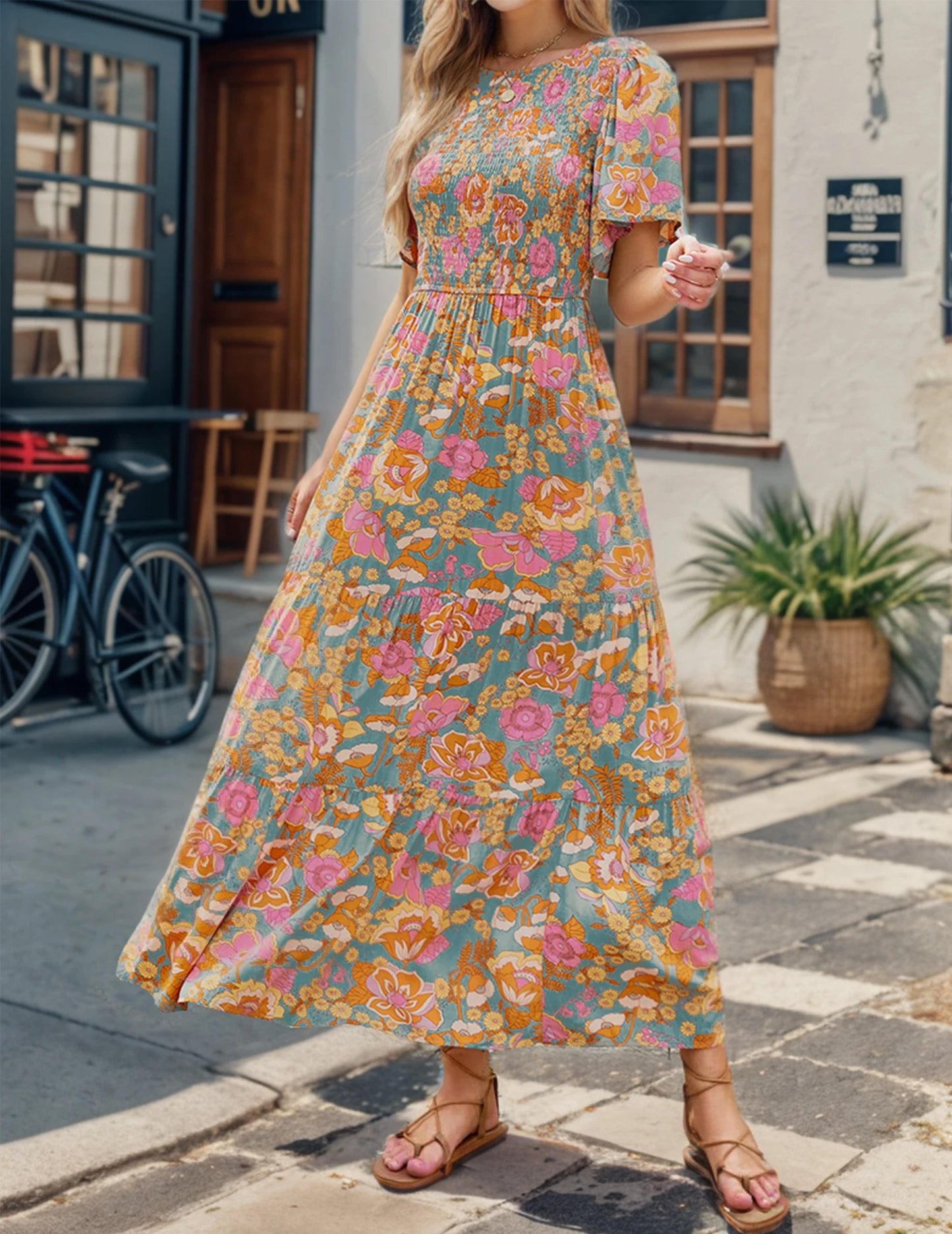 Casual Pastoral Style Floral Print Dress Long, Crewneck Short Sleeves High Waist Wide Ruffle Hem, Woman's Clothing - The Kings Lots