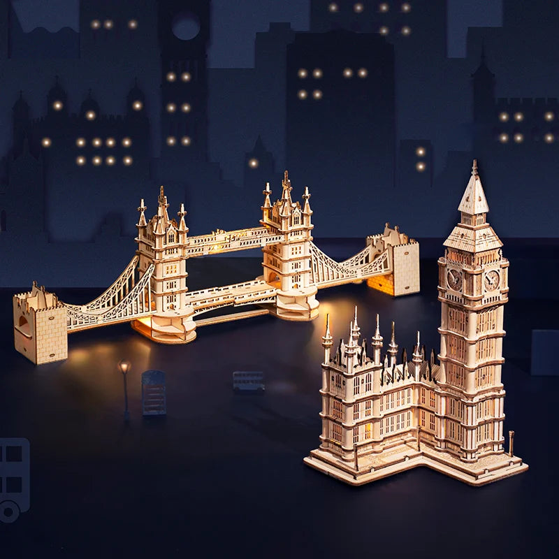 Robotime Wooden Puzzle Game DIY 3D Tower Bridge Big Ben Assembly Toy Gift - The Kings Lots