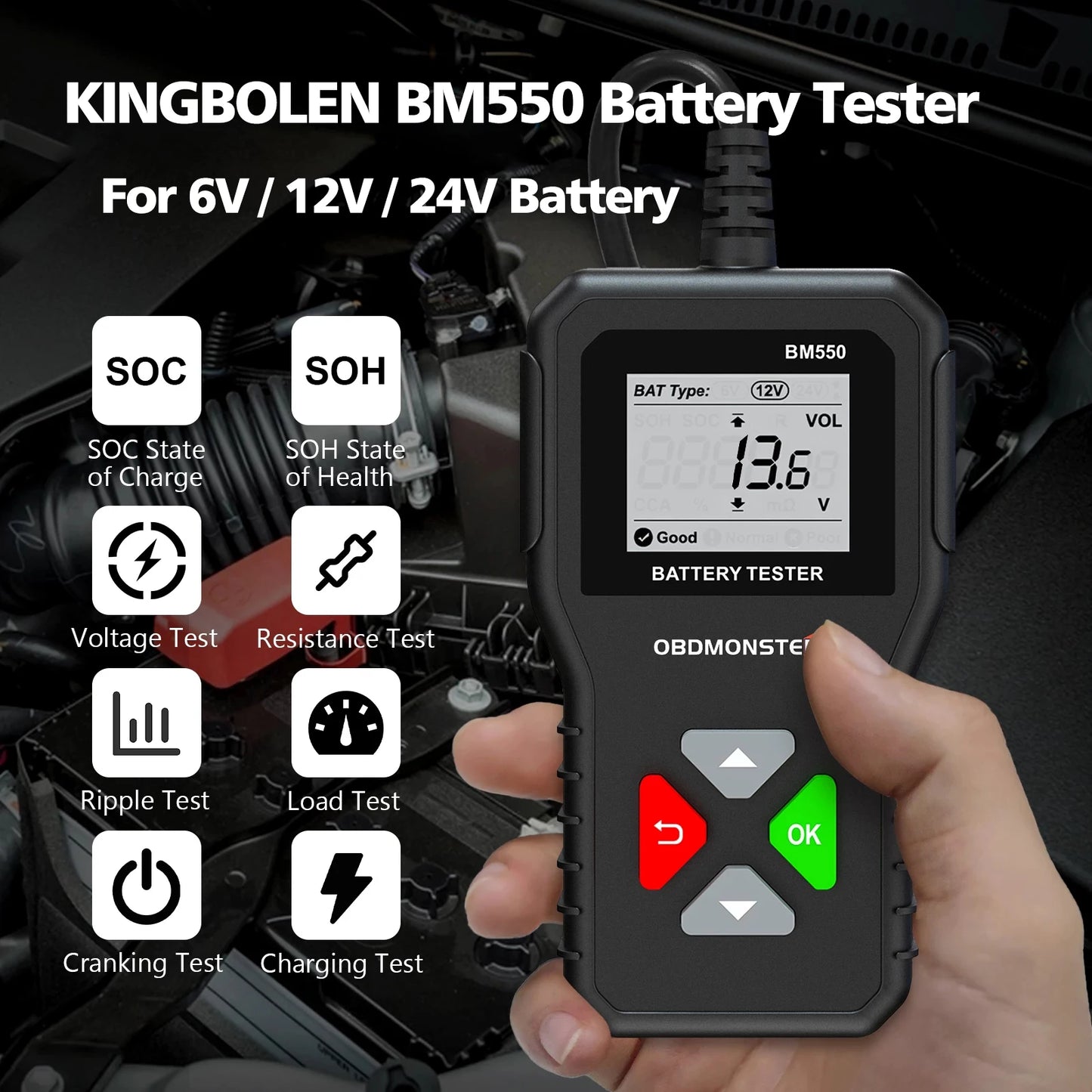 BM550 Car Battery Tester 6V 12V 24V 100 to 2000 CCA Analyzer - The Kings Lots