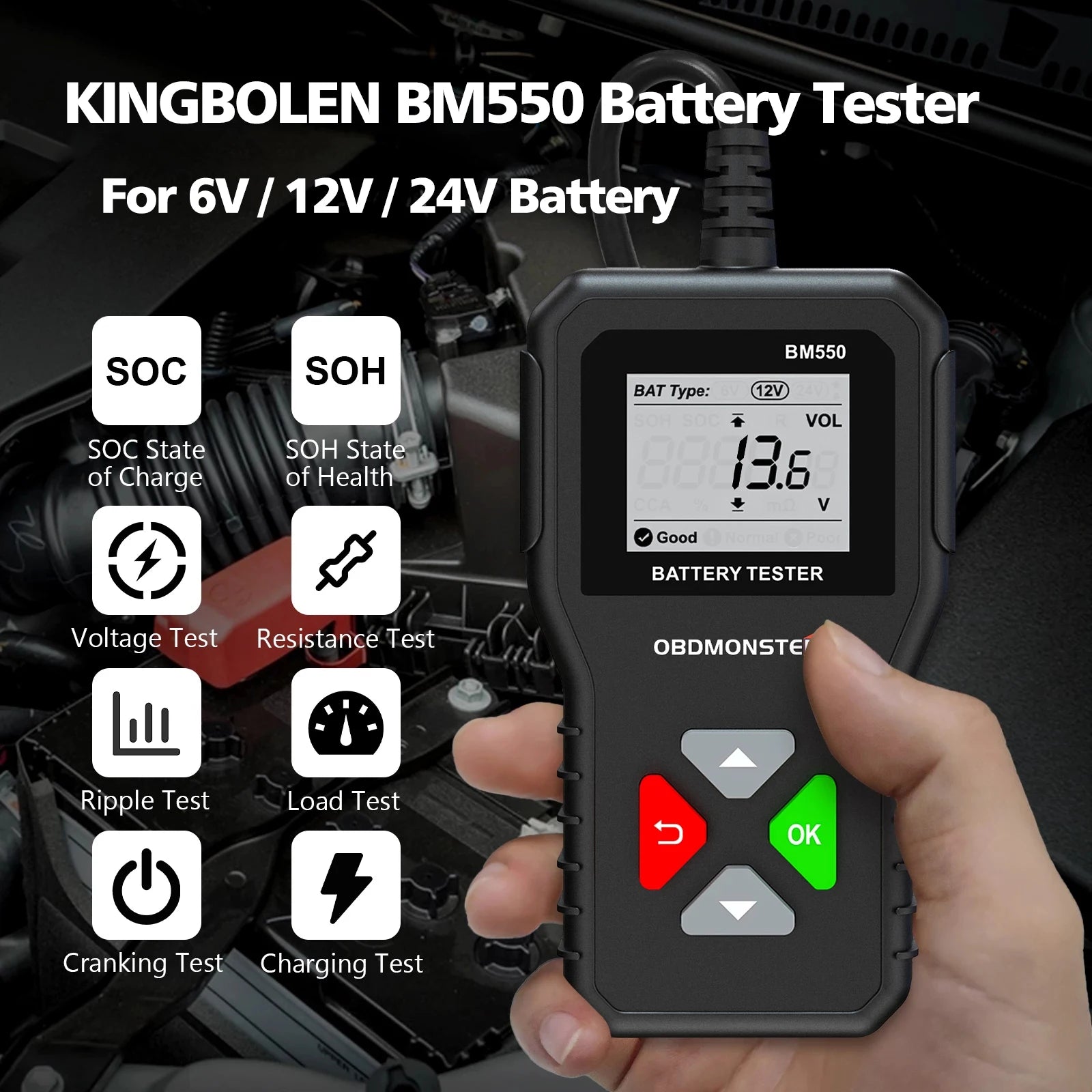 BM550 Car Battery Tester 6V 12V 24V 100 to 2000 CCA Analyzer - The Kings Lots