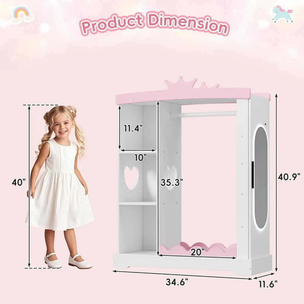 Kids Armoire with Jewelry Cabinet, Dress up Storage with Mirror and Shelves, Princess Dress Closet and Costumes Wardrobe Closet - The Kings Lots