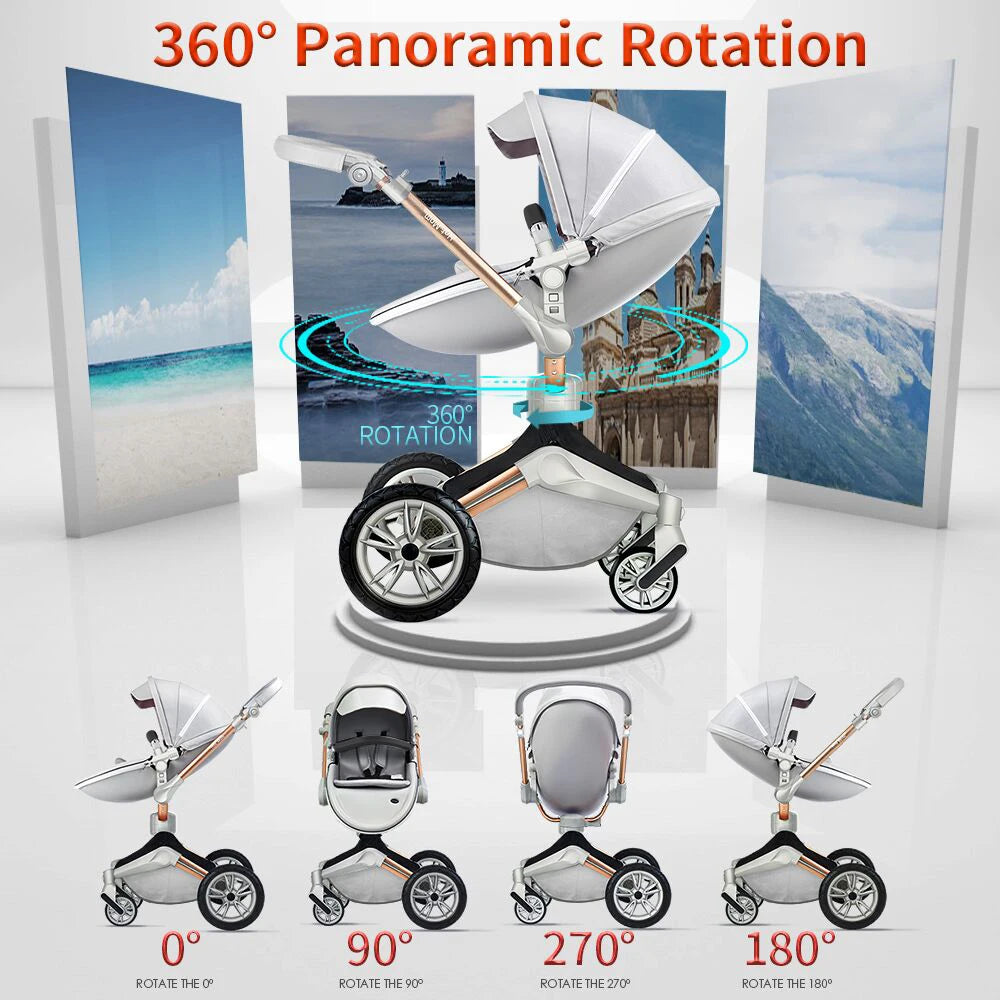 Hot Mom F023 Baby Stroller 2 in 1,Rotates 360 Degrees,PU Leather, Mosquito Net, Rain Cover, Adapter, Cup Holder, large wheels - The Kings Lots