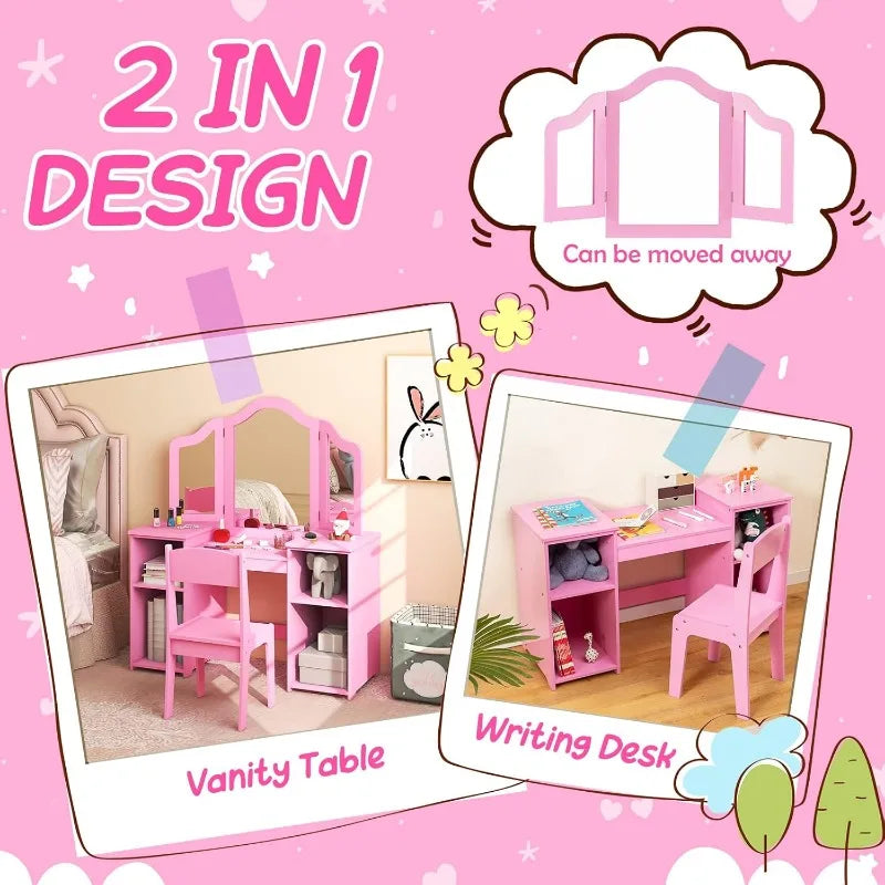Kids 2-in-1 Princess Makeup Desk & Chair with Detachable Mirror, Shelves, Pretend Play Dressing Table for Girls (Pink) - The Kings Lots