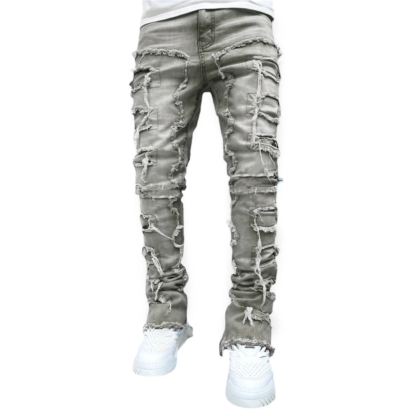 Men Skinny Pants Vintage Patch Frayed Denim Pants Spring Fall Casual Leggings Trousers with Pockets - The Kings Lots