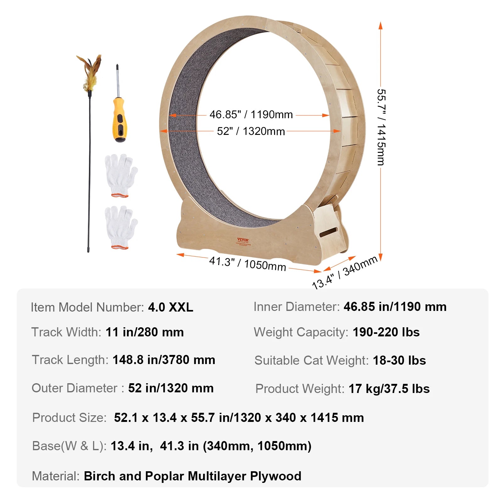 VEVOR Cat Exercise Wheel Natural Wood Silent Running Toy Treadmill Roller Wheel with Detachable Carpet for Most Cats Pet Fitness - The Kings Lots