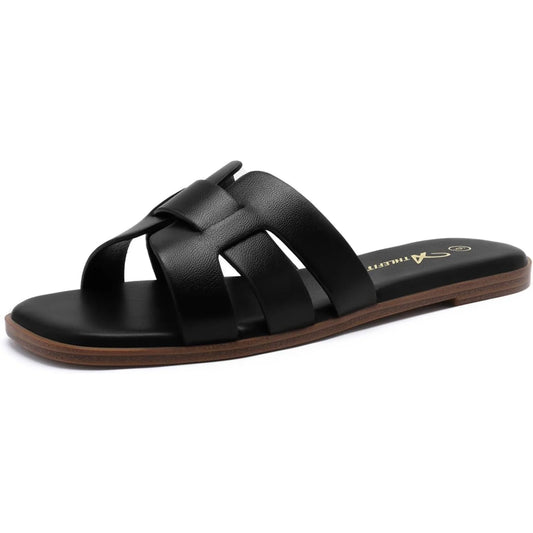 Women's Flat Sandals Dressy Summer Square Open Toe Slip On - The Kings Lots