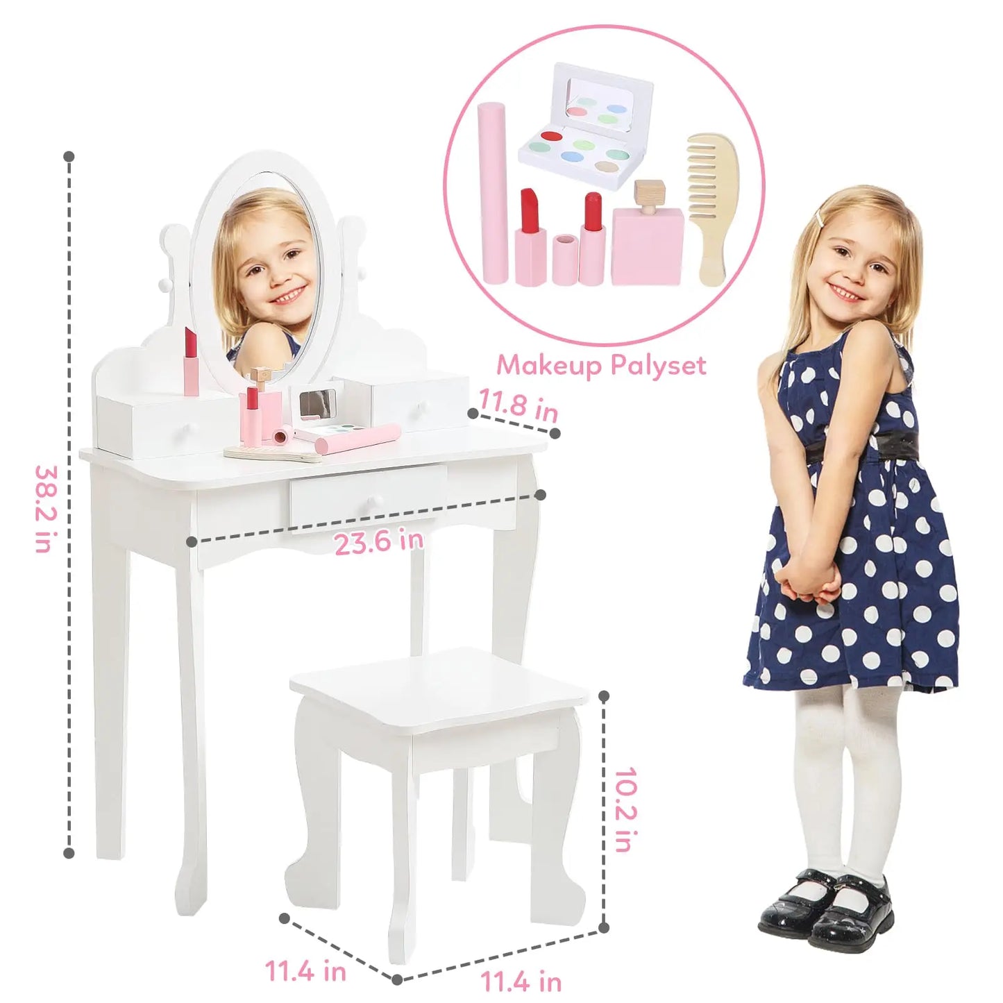 Kids Vanity Set with Mirror and Drawer for Pretend Play - The Kings Lots
