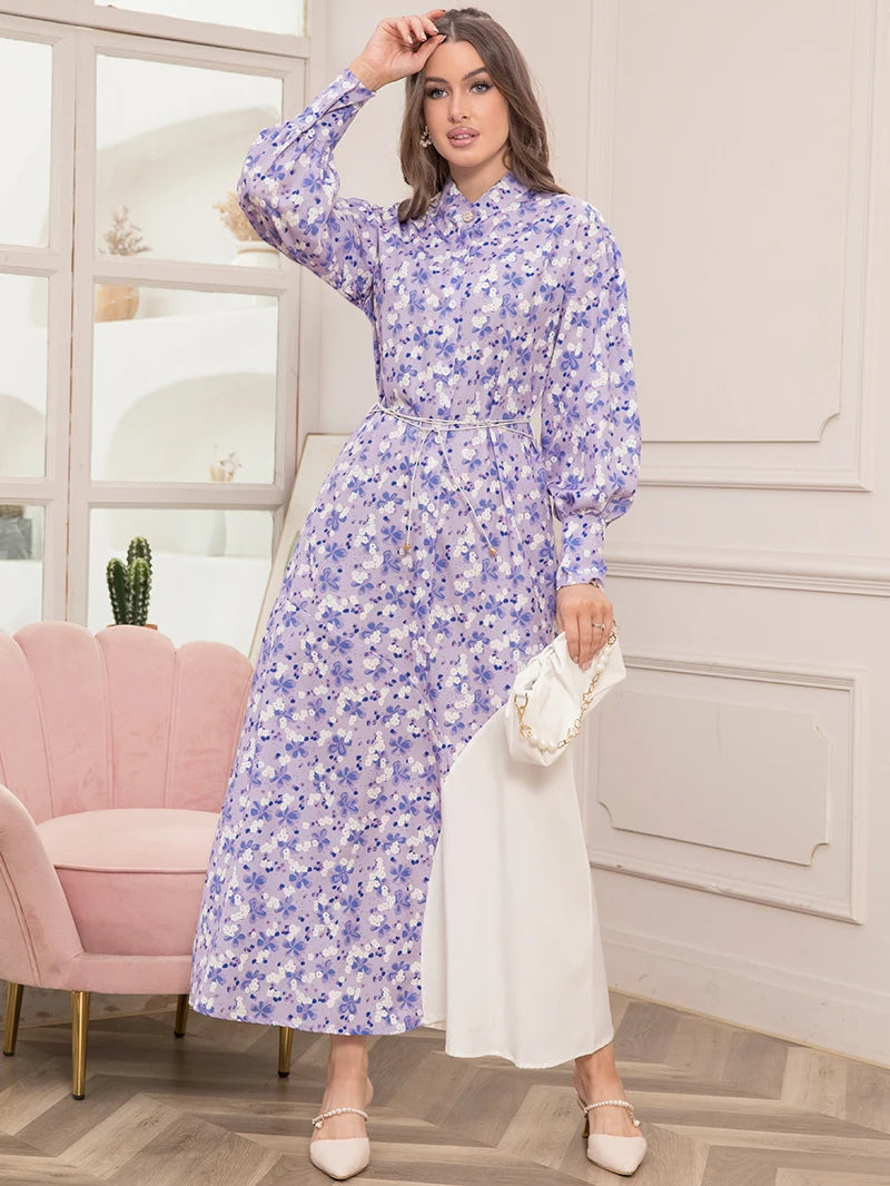Elegant Floral Print High Neck Belted Maxi Dress for Spring