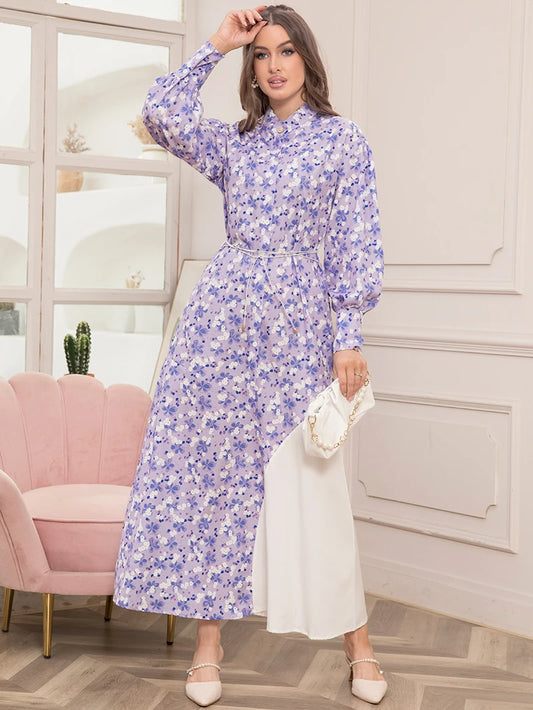 Elegant Floral Print High Neck Belted Maxi Dress for Spring