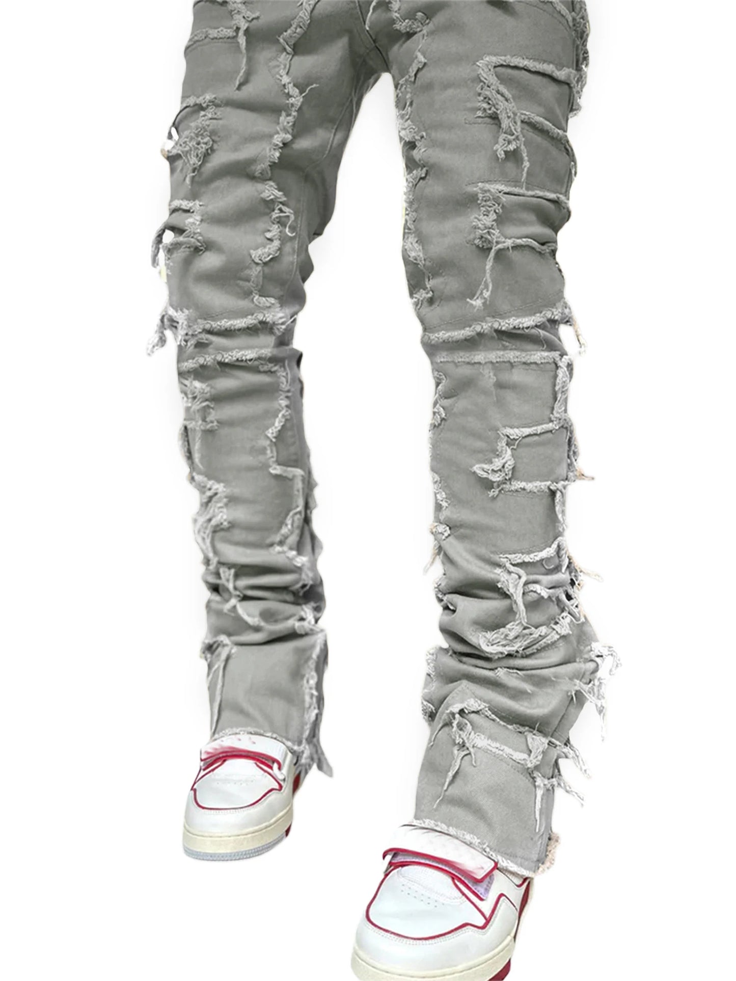 Men Skinny Pants Vintage Patch Frayed Denim Pants Spring Fall Casual Leggings Trousers with Pockets - The Kings Lots
