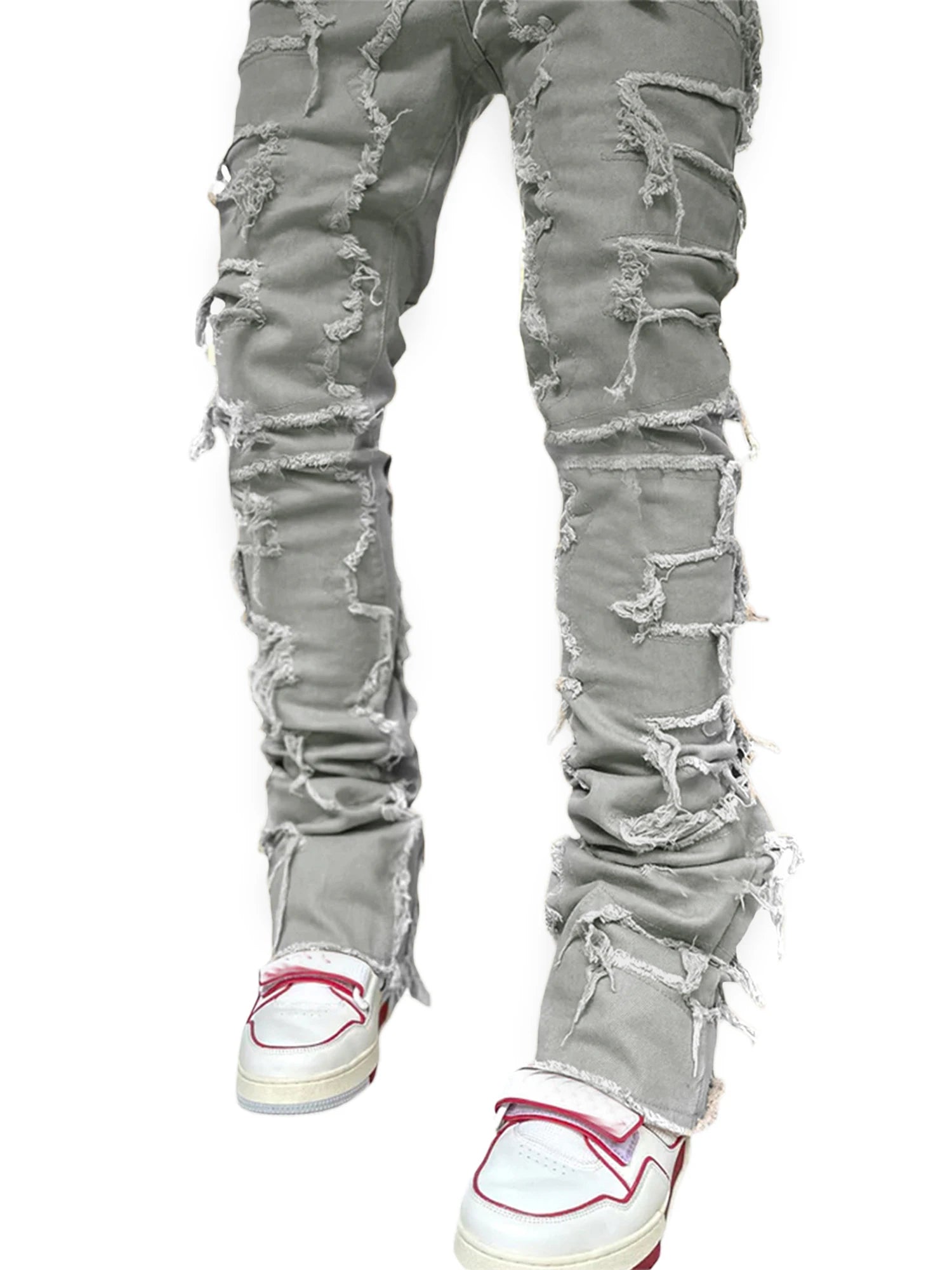 Men Skinny Pants Vintage Patch Frayed Denim Pants Spring Fall Casual Leggings Trousers with Pockets - The Kings Lots