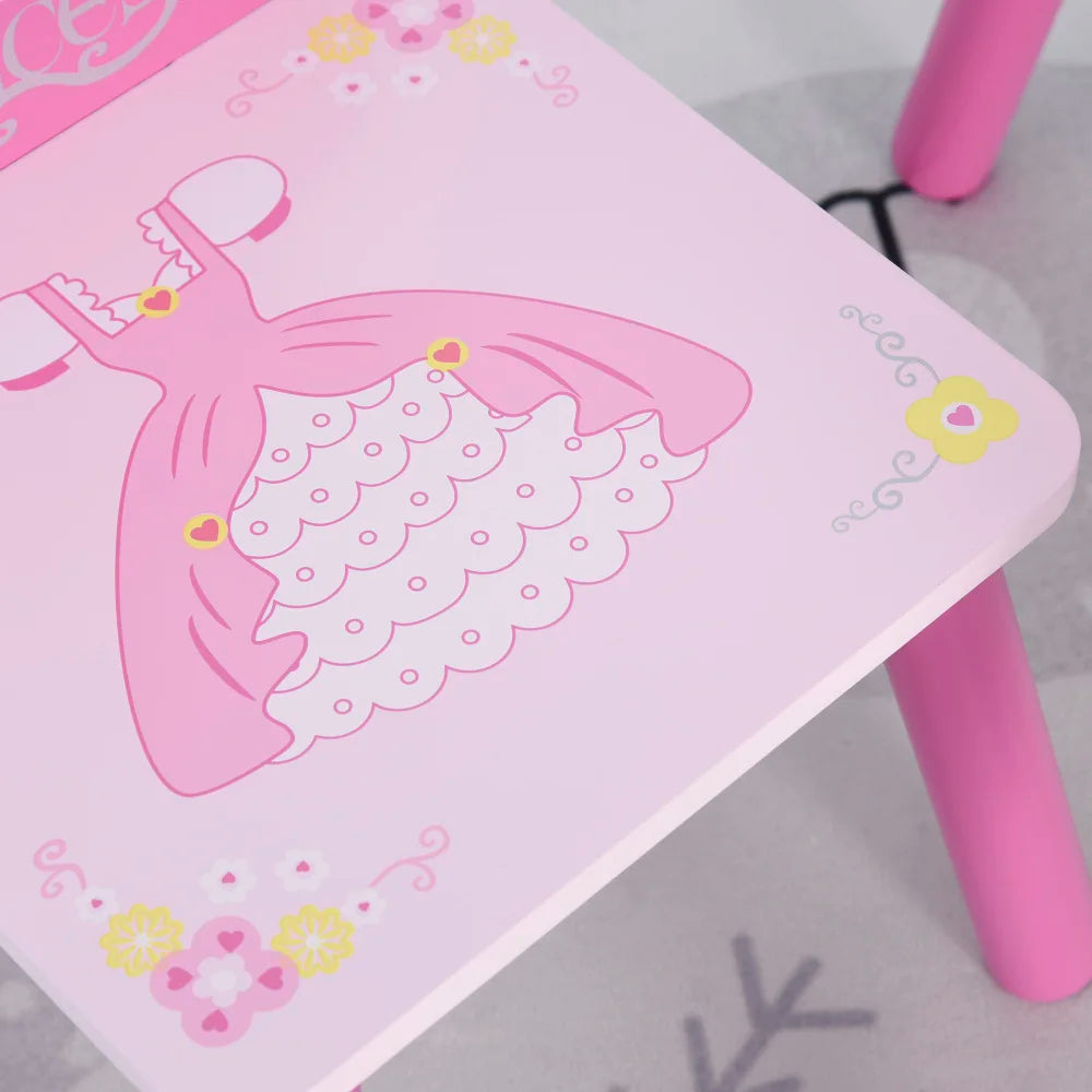 3-Piece Kids Wooden Table and Chair Set with Crown Pattern Gift for Girls Toddlers Arts Reading Writing Age 2-4 Years Pink - The Kings Lots