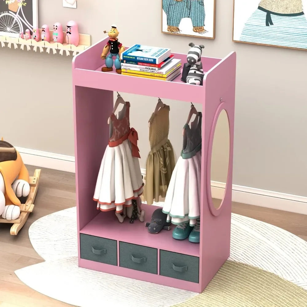 Children's Wardrobes , Dress up Storage with Mirror and Storage Bin,Kids Play Armoire Dresser with Mirror,Kids Costume Organizer - The Kings Lots