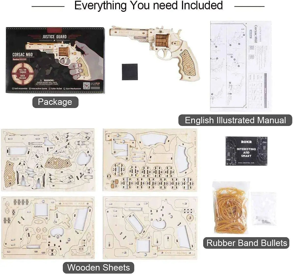 Robotime Rokr DIY 3D Rubber Band Bullet Wooden Gun Puzzle - The Kings Lots