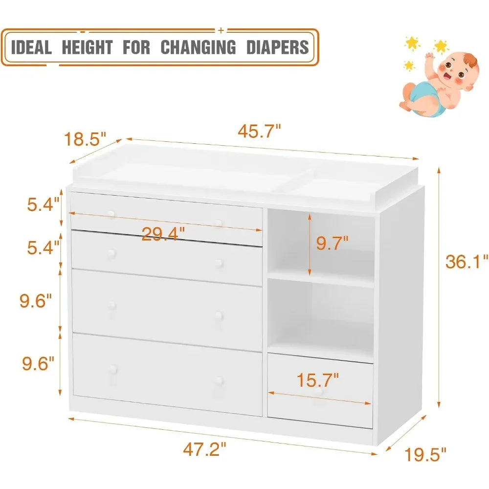 Changing Table Dresser, Baby Dresser with 5 Drawers and 2 Shelves,Multi-Functional Baby Changing Table,Classic Nursery Dresser - The Kings Lots