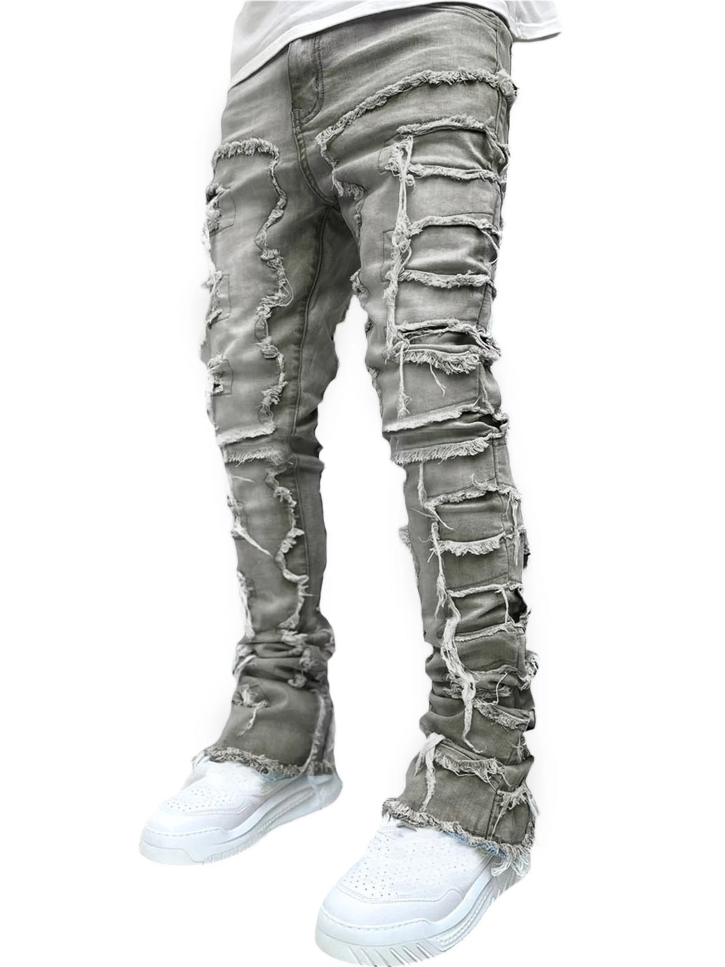 Men Skinny Pants Vintage Patch Frayed Denim Pants Spring Fall Casual Leggings Trousers with Pockets - The Kings Lots