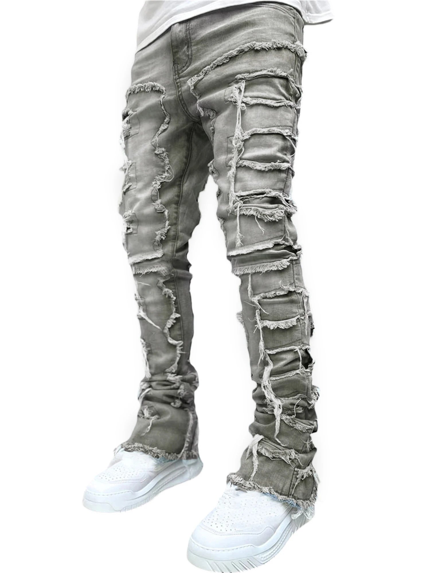 Men Skinny Pants Vintage Patch Frayed Denim Pants Spring Fall Casual Leggings Trousers with Pockets - The Kings Lots