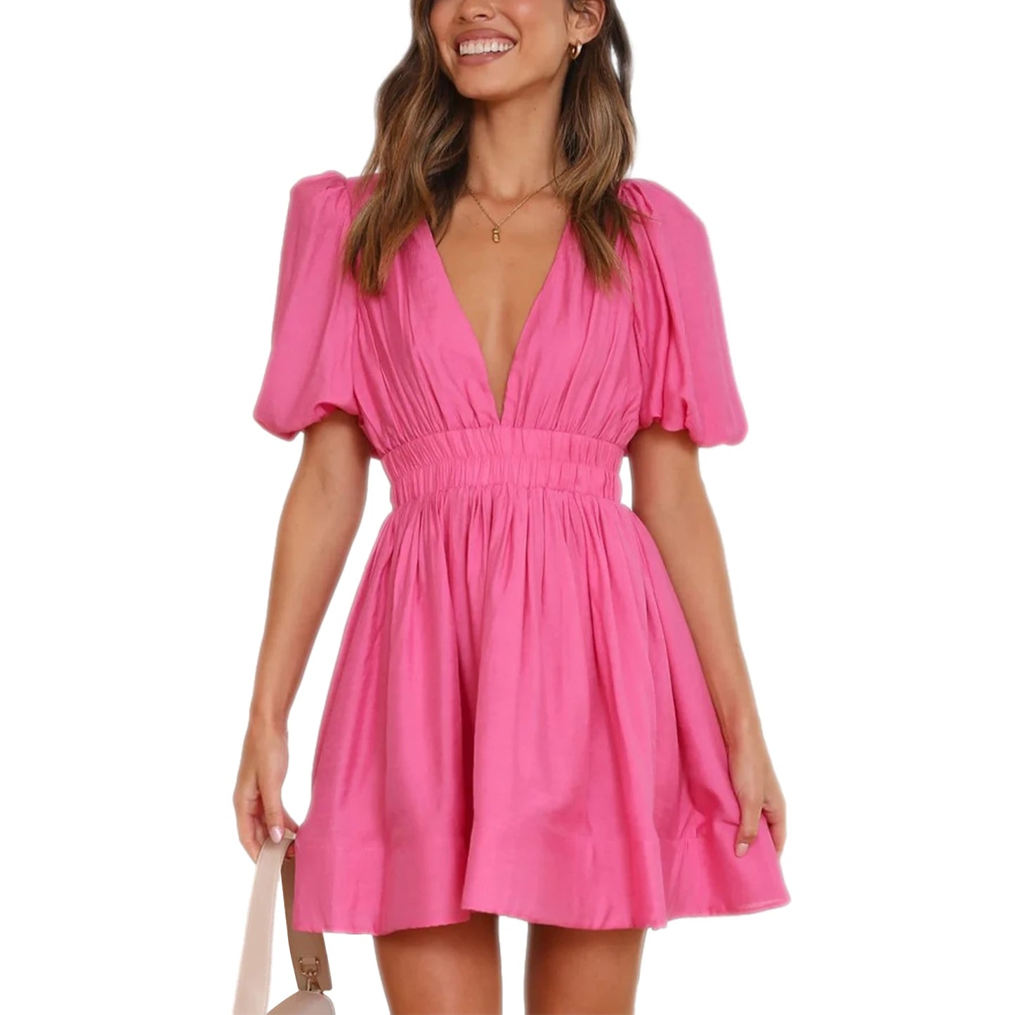 Women Summer Casual A-line Dress Solid Color Deep V-Neck