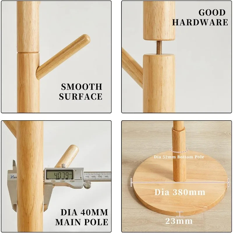 Wooden Coat Rack, Free Standing Coat Stand with 8 Hooks and 3 Height Options, Sturdy Kids Coat Tree Easy to Assemble - The Kings Lots
