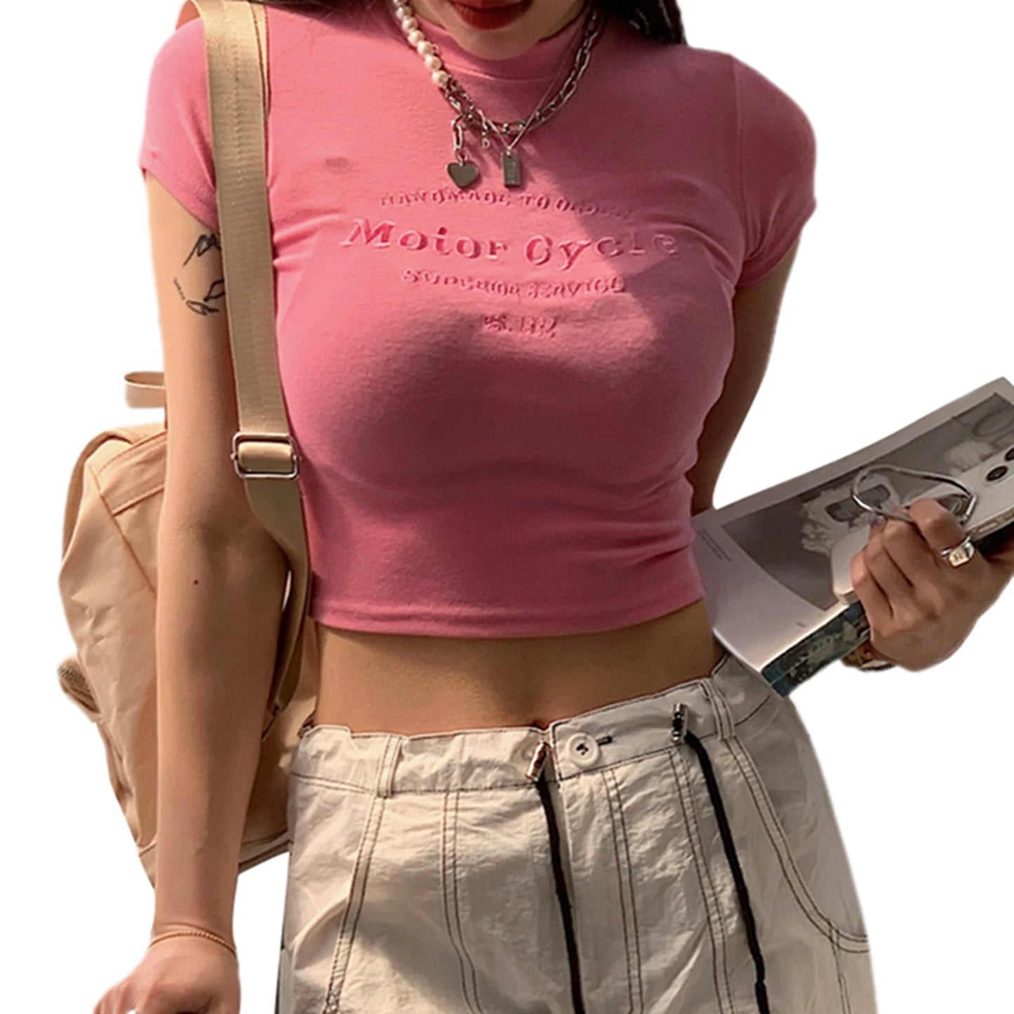 Women s Round Neck Cropped Tops Short Sleeve Letter Embroidery Fit Baby Tees Clubwear