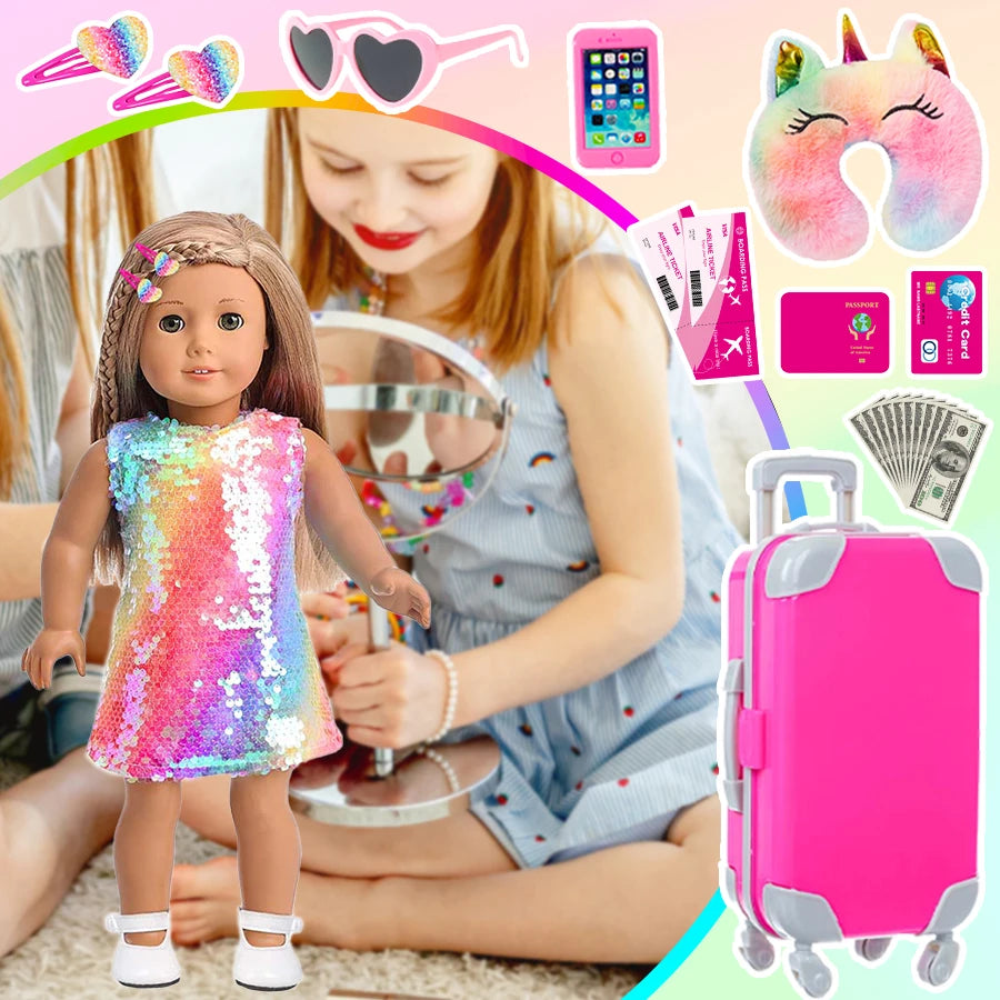 18Inch Doll Clothes Colorful Dress Lovely Travel Suitcase American Girl Doll Summer Outfit Hoodie Baby Toys Wear Girl's Gifts - The Kings Lots